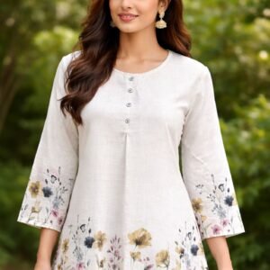 Women Off-White Floral Printed A-Line Top with Buttons | 3/4 Sleeve Tunic