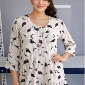 Stylish Printed Cotton Crinkle Top/Kurti for Women – White with Black & Pink Print