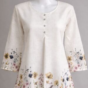Women Off-White Floral Printed A-Line Top with Buttons | 3/4 Sleeve Tunic