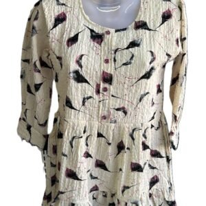 Stylish Printed Cotton Crinkle Top/Kurti for Women – White with Black & Pink Print