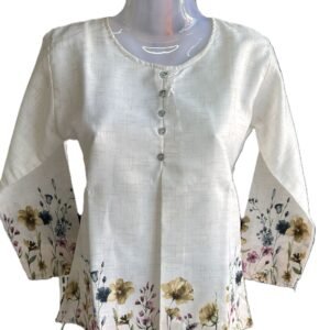 Women Off-White Floral Printed A-Line Top with Buttons | 3/4 Sleeve Tunic