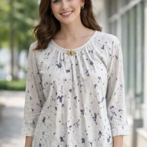Women’s White Printed Top – Stylish Casual 3/4 Sleeve Blouse ! 3 Colors Available