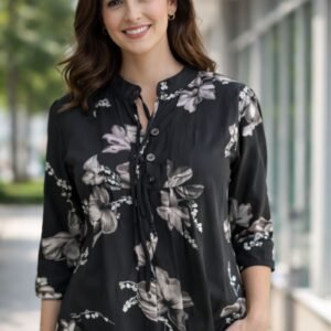 Women’s Floral Printed Top – Black, White & Dark Green Stylish Casual Wear