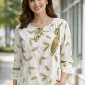 Women’s Leaf Printed Embroidered Top – Stylish Casual Wear (White, Pink & Blue)