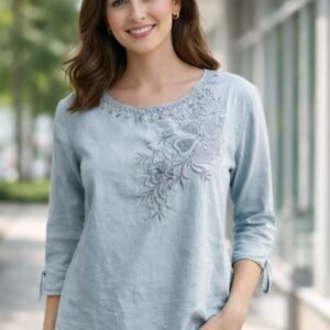 Women’s Embroidered Kurti Top – Elegant Casual Wear (Blue, Purple & Cream)