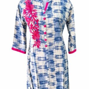 Women’s Blue Printed Kurti with Pink Embroidery – Stylish Casual & Ethnic Wear