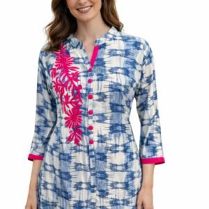 Women’s Blue Printed Kurti with Pink Embroidery – Stylish Casual & Ethnic Wear