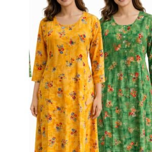 Women’s Floral Printed Kurti Dress – Stylish Casual Wear (Yellow, Orange & Green)