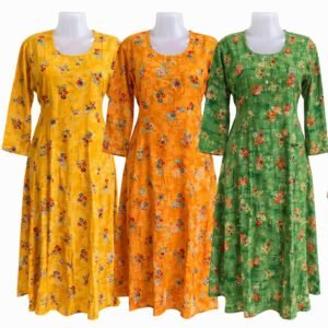 Women’s Floral Printed Kurti Dress – Stylish Casual Wear (Yellow, Orange & Green)