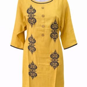 Women’s Printed Kurti with Button Detail – Stylish Casual Wear (Yellow, Blue, Dark Orange & Black)