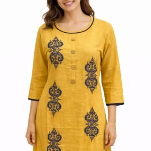 Women’s Printed Kurti with Button Detail – Stylish Casual Wear (Yellow, Blue, Dark Orange & Black)