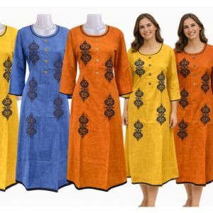 Women’s Printed Kurti with Button Detail – Stylish Casual Wear (Yellow, Blue, Dark Orange & Black)