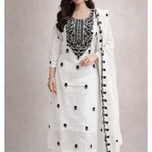 Women’s White Embroidered Cotton Kurti Set with Dupatta – Elegant Ethnic Wear