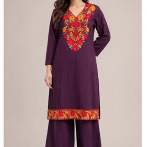 Women’s Purple Embroidered Kurti Palazzo Set – Floral Ethnic Wear for Women
