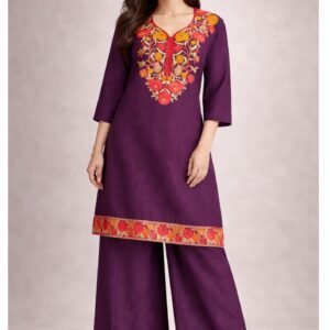 Women’s Purple Embroidered Kurti Palazzo Set – Floral Ethnic Wear for Women