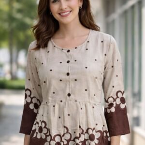 Women’s Beige & Brown Floral Printed Kurti Top – Stylish Casual Wear ! 3 Color Available