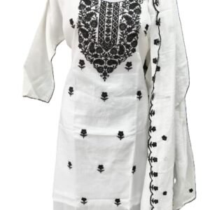Women’s White Embroidered Cotton Kurti Set with Dupatta – Elegant Ethnic Wear
