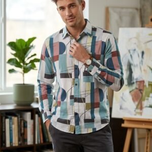 Men’s Multicolor Geometric Printed Shirt – Stylish Full Sleeve Casual Shirt for Men