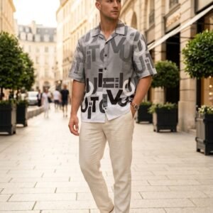 Men’s Abstract Printed Half Sleeve Shirt – Casual Summer Lightweight Button-Up Shirt