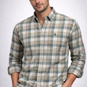 Men’s Green Checkered Casual Shirt – Stylish Plaid Full Sleeve Cotton Shirt