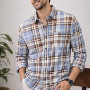 Men’s Blue & Brown Checkered Casual Shirt – Premium Cotton Slim Fit Stylish Shirt