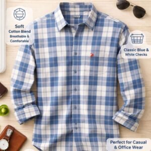 Men’s Stylish Checkered Casual Shirt – Slim Fit Cotton Blend Full Sleeve Shirt for Men | Trendy Blue White Check Shirt