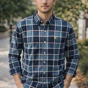 Men’s Stylish Checkered Casual Shirt – Full Sleeve Cotton Blend Slim Fit Shirt for Men (Blue/Green Check)