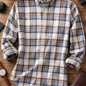 Men’s Casual Checkered Shirt – Stylish Cotton Blend Full Sleeve Plaid Shirt for Men (Blue, White & Brown)