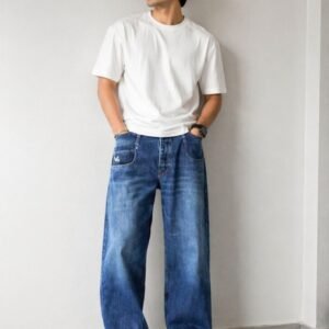 Men’s Loose Fit Washed Denim Jeans – Mid Rise Casual Blue Straight Leg Pants