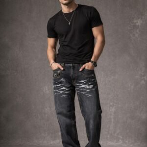 Men’s Stylish Denim Jeans with Printed Design – Casual Trendy Jeans for Men