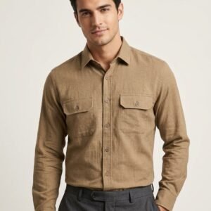 Men’s Solid Casual Shirt – Full Sleeve Cotton Blend Utility Shirt with Dual Pockets