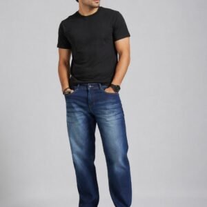 Men’s Dark Blue Washed Denim Jeans – Regular Fit Casual Stretchable Pants
