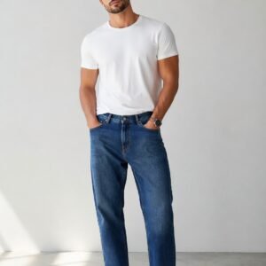 Men’s Stylish Blue Denim Jeans & White T-Shirt Combo – Casual Smart Look Outfit