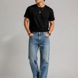 Men’s Straight Fit Blue Denim Jeans – Casual Comfortable Washed Cotton Pants