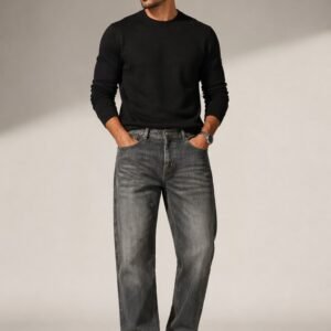 Men’s Black Crew Neck Sweater with Grey Washed Jeans – Premium Casual Smart Outfit