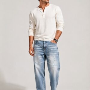 Men’s Light Blue Distressed Denim Jeans – Relaxed Fit Stylish Casual Pants