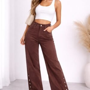 Women’s High Waist Wide Leg Jeans with Button Detail – Stylish Loose Fit Denim Pants