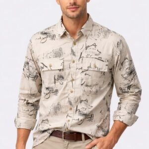 Men’s Printed Casual Shirt – Off White Abstract Script Design Cotton Shirt