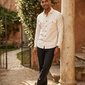 Men’s Solid White Casual Shirt – Classic Full Sleeve Cotton Shirt with Dual Pockets