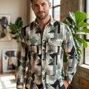 Men’s Geometric Leaf Printed Casual Shirt – Full Sleeve Stylish Oversized Shirt (White/Green/Black)