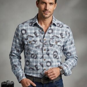 Men’s Checkered Printed Casual Shirt – Full Sleeve Stylish Oversized Shirt with Graphic Design (White/Grey/Brown)