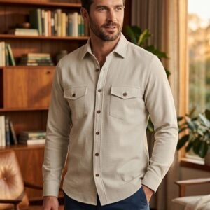 Men’s Solid Cotton Casual Shirt – Full Sleeve Button-Down with Dual Pockets