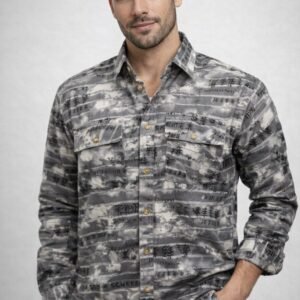 Men’s Grey Printed Casual Shirt – Stylish Abstract Typography Full Sleeve Shirt