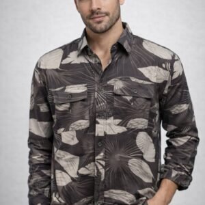 Men’s Dark Floral Printed Casual Shirt – Stylish Leaf Pattern Full Sleeve Shirt