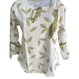 Women’s Leaf Printed Embroidered Top – Stylish Casual Wear (White, Pink & Blue)